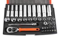 sl25l Bahco 37-Piece Metric 1/4 in Deep Socket/Standard Socket/Bit Set with Ratchet, 6 point; Hex Bit; Phillips Bit; Pozidriv