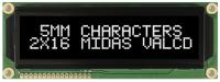 mc21605g12w-vnmlw Midas MC21605G12W-VNMLW MC21605 Alphanumeric LCD Display Black, 2 Rows by 16 Characters, Transmissive