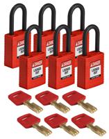 nyl-red-38pl-kd6pk Brady Key Weatherproof Safety Padlock, 6.35mm Shackle