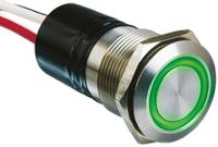 mpi002flgn Bulgin MPI002 Series Illuminated Push Button Switch, Momentary, Panel Mount, 19.2mm Cutout, SPST, Green LED, 24V dc,