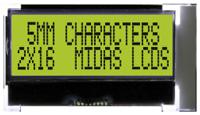 mccog21605d6w-sptlyi Midas MCCOG21605D6W-SPTLYI Alphanumeric LCD Display Yellow-Green, 2 Rows by 16 Characters, Transflective