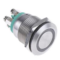 mpi002tegn12 Bulgin MPI002 Series Illuminated Push Button Switch, Momentary, Panel Mount, 19.2mm Cutout, SPST, Green LED, 12V dc,