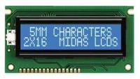 mc21605a6wd-bnmlw-v2 Midas MC21605A6WD-BNMLW-V2 Alphanumeric LCD Display, Blue on Blue, 2 Rows by 16 Characters, Transmissive