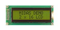 mc21605b6wd-sptly-v2 Midas MC21605B6WD-SPTLY-V2 Alphanumeric LCD Display, Black on Yellow/Green, 2 Rows by 16 Characters, Transflective