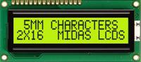 mc21605c6wk-sptly-v2 Midas MC21605C6WK-SPTLY-V2 Alphanumeric LCD Alphanumeric Display, 2 Rows by 16 Characters