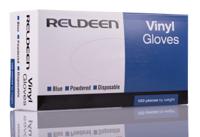 g0114 Reldeen Blue Powdered Vinyl Disposable Gloves, Size 8, Medium, 100 per Pack