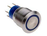 mav19a0f20e-724-jr KNITTER-SWITCH Illuminated Vandal Proof Push Button Switch, Momentary, Panel Mount, 19.2mm Cutout, DPDT, Blue LED, 28 V