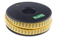 812-1105 RS PRO Slide On Cable Markers, Black on Yellow, Pre-printed "9", 3.5 → 7mm Cable
