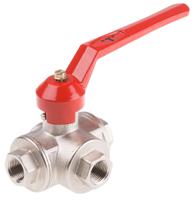 486-255 RS PRO Brass Reduced Bore, 3 Way, Ball Valve, Threaded, BSPP 3/8in, 40bar Operating Pressure