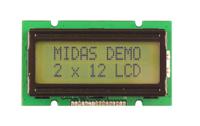 mc21205a6w1-sptly Midas MC21205A6W1-SPTLY Alphanumeric LCD Display, Black on Yellow/Green, 2 Rows by 12 Characters, Transflective