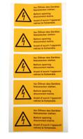 essw50105 Idento Yellow PVC Safety Labels, Vor Öffnen des Gerätes Netzstecker ziehen. Before opening disconnect mains. Avant