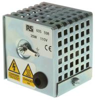 605-598 RS PRO Enclosure Heater, 110V ac, 20W Output, 45°C, 70mm x 65mm x 67mm