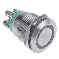 mpi002tegn24 Bulgin MPI002 Series Illuminated Push Button Switch, Momentary, Panel Mount, 19.2mm Cutout, SPST, Green LED, 24V dc,