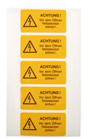essw70052 Idento Yellow PVC Safety Labels, ACHTUNG! Vor dem Öffnen Netzstecker ziehen!-Text