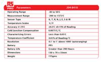 204-8410 RS PRO Thermocouple Digital Thermometer for General Purpose Use, E, J, K, N, R, S, T Probe, 1 Input(s), +1372°C Max,