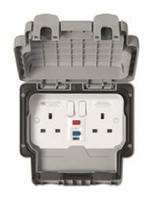 k56233gry MK Electric 30mA, BS Fixing, Passive, 2 Gang RCD Socket, Polycarbonate, Wall Mount , Switched, IP66 , Outdoor, 240 V,