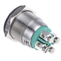 mpi002tegn12 Bulgin MPI002 Series Illuminated Push Button Switch, Momentary, Panel Mount, 19.2mm Cutout, SPST, Green LED, 12V dc,