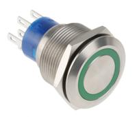 175-9673 RS PRO Illuminated Push Button Switch, Momentary, Panel Mount, 22.2mm Cutout, DPDT, Green LED, 250V ac, IP67