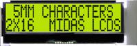 mccog21605c6w-sptlyi Midas MCCOG21605C6W-SPTLYI Alphanumeric LCD Display, Black on Yellow/Green, 2 Rows by 16 Characters, Transflective