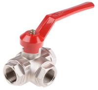 486-265 RS PRO Brass Reduced Bore, 3 Way, Ball Valve, Threaded, BSPP 1in, 40bar Operating Pressure