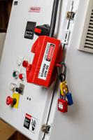 plug-lockout-220550v-w-danger-labels Brady Red 4-Lock Polypropylene Electrical Plug Lockouts, 9.14mm Shackle