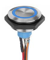 av51222000074bk APEM Illuminated Vandal Proof Push Button Switch, Momentary, Panel Mount, 30.2mm Cutout, SPST, Blue LED, 30V dc, IP67
