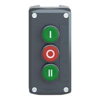 xald339 Schneider Electric Spring Return Push Button Control Station - 1 NC+2NC, Polycarbonate, 3 Cutouts, Green, Red, I/O/II,