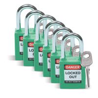sfty-padlock-steel-38mm-sha-green-6pac Brady LOTO-8 Key Weatherproof Nylon, Steel Security Padlock, 6.35mm Shackle, 38.10mm Body