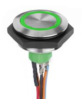 av5v022000074bk APEM Illuminated Vandal Proof Push Button Switch, Momentary, Panel Mount, 30.2mm Cutout, SPST, Green LED, 30V dc, IP67
