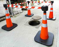 204-1802 RS PRO Weighted Red, White 1.10 m PVC Safety Cone With Strap Reel