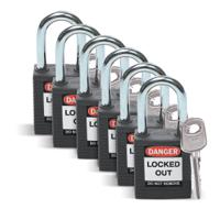 sfty-padlock-steel-38mm-sha-black-6pac Brady LOTO-8 Key Weatherproof Nylon, Steel Security Padlock, 6.35mm Shackle, 38.10mm Body