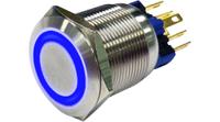 rnd-210-00412 RND RND 210 Series Illuminated Vandal Proof Push Button Switch, Latching, Panel Mount, 19mm Cutout, 1NC, 1NO, Blue LED,