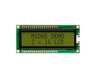 mc21605g6w-spr-v2 Midas MC21605G6W-SPR-V2 Alphanumeric LCD Display, Black on Yellow/Green, 2 Rows by 16 Characters, Reflective
