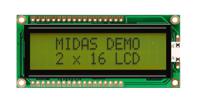 mc21605g6w-sptly-v2 Midas MC21605G6W-SPTLY-V2 Alphanumeric LCD Display, Black on Yellow/Green, 2 Rows by 16 Characters, Transflective