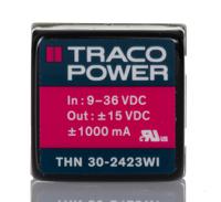 thn-30-2423wi TRACOPOWER THN 30WI DC-DC Converter, ±15V dc/ ±1A Output, 9 → 36 V dc Input, 30W, Through Hole, +85°C Max Temp