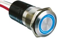mpi002flbl Bulgin MPI002 Series Illuminated Push Button Switch, Momentary, Panel Mount, 19.2mm Cutout, SPST, Blue LED, 24V dc, IP66