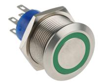 175-9707 RS PRO Illuminated Push Button Switch, Panel Mount, 22.2mm Cutout, DPDT, Green LED, 250V ac, IP67