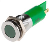 848-4554 RS PRO Green Panel Mount Indicator, 110V ac, 14mm Mounting Hole Size, Faston, Solder Lug Termination, IP67
