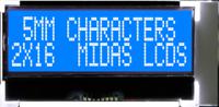 mccog21605d6w-bnmlwi Midas MCCOG21605D6W-BNMLWI Alphanumeric LCD Display, White on Blue, 2 Rows by 16 Characters, Transmissive