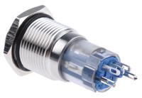 811-8437 RS PRO Illuminated Push Button Switch, Momentary, Panel Mount, 16mm Cutout, SPDT, Blue LED, 250V ac, IP65, IP67