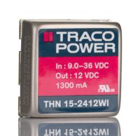 thn-15-2412wi TRACOPOWER THN 15WI DC-DC Converter, 12V dc/ 1.3A Output, 9 → 36 V dc Input, 15W, Through Hole, +85°C Max Temp