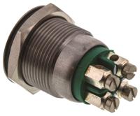mpi002termgn Bulgin MPI002 Series Illuminated Push Button Switch, Momentary, Panel Mount, 19.2mm Cutout, SPST, Green LED, 24V dc,