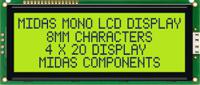 mc42008a6w-sptly Midas MC42008A6W-SPTLY Alphanumeric LCD Alphanumeric Display, 4 Rows by 20 Characters