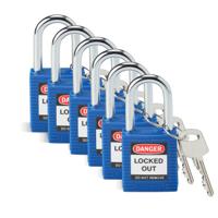 sfty-padlock-steel-38mm-sha-blue-6pac Brady LOTO-8 Key Weatherproof Nylon, Steel Security Padlock, 6.35mm Shackle, 38.10mm Body