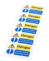 776-0951 RS PRO Black/Blue/White/Yellow Vinyl Safety Labels, Danger Isolated Before Removing Cover-Text 40 mm x 60mm