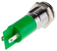 848-4554 RS PRO Green Panel Mount Indicator, 110V ac, 14mm Mounting Hole Size, Faston, Solder Lug Termination, IP67