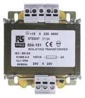 504-151 RS PRO 100VA 1 Output Chassis Mounting Transformer, 24V ac, IEC 61558-2-4