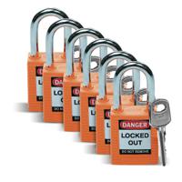 sfty-padlock-steel-38mm-sha-orange-6pac Brady LOTO-8 Key Weatherproof Nylon, Steel Security Padlock, 6.35mm Shackle, 38.10mm Body