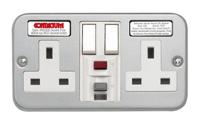 cla4900m Contactum 13A, BS 7288 Fixing, Active, 2 Gang RCD Socket, Wall Mount , Switched, IP2X, 230 V ac, Grey, Screwed