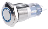 811-8437 RS PRO Illuminated Push Button Switch, Momentary, Panel Mount, 16mm Cutout, SPDT, Blue LED, 250V ac, IP65, IP67